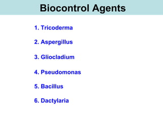 Biocontrol Agents
1. Tricoderma
2. Aspergillus
3. Gliocladium
4. Pseudomonas
5. Bacillus
6. Dactylaria
 