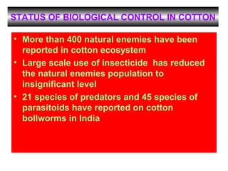 STATUS OF BIOLOGICAL CONTROL IN COTTON
• More than 400 natural enemies have been
reported in cotton ecosystem
• Large scale use of insecticide has reduced
the natural enemies population to
insignificant level
• 21 species of predators and 45 species of
parasitoids have reported on cotton
bollworms in India
 