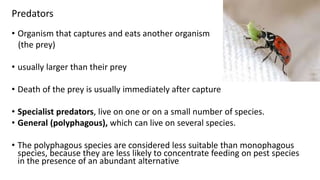 Predators
• Organism that captures and eats another organism
(the prey)
• usually larger than their prey
• Death of the prey is usually immediately after capture
• Specialist predators, live on one or on a small number of species.
• General (polyphagous), which can live on several species.
• The polyphagous species are considered less suitable than monophagous
species, because they are less likely to concentrate feeding on pest species
in the presence of an abundant alternative
 