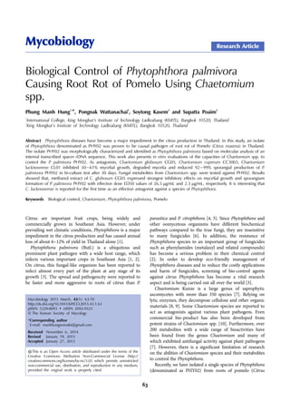63
Mycobiology
Biological Control of Phytophthora palmivora
Causing Root Rot of Pomelo Using Chaetomium
spp.
Phung Manh Hung
1,
*, Pongnak Wattanachai
2
, Soytong Kasem
2
and Supatta Poaim
2
1
International College, King Mongkut’s Institute of Technology Ladkrabang (KMITL), Bangkok 10520, Thailand
2
King Mongkut’s Institute of Technology Ladkrabang (KMITL), Bangkok 10520, Thailand
Abstract Phytophthora diseases have become a major impediment in the citrus production in Thailand. In this study, an isolate
of Phytophthora denominated as PHY02 was proven to be causal pathogen of root rot of Pomelo (Citrus maxima) in Thailand.
The isolate PHY02 was morphologically characterized and identified as Phytophthora palmivora based on molecular analysis of an
internal transcribed spacer rDNA sequence. This work also presents in vitro evaluations of the capacities of Chaetomium spp. to
control the P. palmivora PHY02. As antagonists, Chaetomium globosum CG05, Chaetomium cupreum CC3003, Chaetomium
lucknowense CL01 inhibited 50~61% mycelial growth, degraded mycelia and reduced 92~99% sporangial production of P.
palmivora PHY02 in bi-culture test after 30 days. Fungal metabolites from Chaetomium spp. were tested against PHY02. Results
showed that, methanol extract of C. globosum CG05 expressed strongest inhibitory effects on mycelial growth and sporangium
formation of P. palmivora PHY02 with effective dose ED50 values of 26.5 µg/mL and 2.3 µg/mL, respectively. It is interesting that
C. lucknowense is reported for the first time as an effective antagonist against a species of Phytophthora.
Keywords Biological control, Chaetomium, Phytophthora palmivora, Pomelo
Citrus are important fruit crops, being widely and
commercially grown in Southeast Asia. However, under
prevailing wet climatic conditions, Phytophthora is a major
impediment in the citrus production and has caused annual
loss of about 6~12% of yield in Thailand alone [1].
Phytophthora palmivora (Butl.) is a ubiquitous and
prominent plant pathogen with a wide host range, which
infects various important crops in Southeast Asia [1, 2].
On citrus, this fungal-like organism has been reported to
infect almost every part of the plant at any stage of its
growth [3]. The spread and pathogencity were reported to
be faster and more aggressive to roots of citrus than P.
parasitica and P. citrophthora [4, 5]. Since Phytophthora and
other oomycetous organisms have different biochemical
pathways compared to the true fungi, they are insensitive
to many fungicides [6]. In addition, the resistance of
Phytophthora species to an important group of fungicides
such as phenylamides (metalaxyl and related compounds)
has become a serious problem in their chemical control
[2]. In order to develop eco-friendly management of
Phytophthora diseases and to reduce the costly applications
and harm of fungicides, screening of bio-control agents
against citrus Phytophthora has become a vital research
aspect and is being carried out all over the world [3].
Chaetomium Kunze is a large genus of saprophytic
ascomycetes with more than 350 species [7]. Relying on
lytic enzymes, they decompose cellulose and other organic
materials [8, 9]. Some Chaetomium species are reported to
act as antagonists against various plant pathogens. Even
commercial bio-product has also been developed from
potent strains of Chaetomium spp. [10]. Furthermore, over
200 metabolites with a wide range of bioactivities have
been found from the genus Chaetomium and many of
which exhibited antifungal activity against plant pathogens
[7]. However, there is a significant limitation of research
on the abilities of Chaetomium species and their metabolites
to control the Phytophthora.
Recently, we have isolated a single species of Phytophthora
(denominated as PHY02) from roots of pomelo (Citrus
Research Article
Mycobiology 2015 March, 43(1): 63-70
http://dx.doi.org/10.5941/MYCO.2015.43.1.63
pISSN 1229-8093 • eISSN 2092-9323
© The Korean Society of Mycology
*Corresponding author
E-mail: manhhungnomafsi@gmail.com
Received November 6, 2014
Revised January 19, 2015
Accepted January 27, 2015
This is an Open Access article distributed under the terms of the
Creative Commons Attribution Non-Commercial License (http://
creativecommons.org/licenses/by-nc/3.0/) which permits unrestricted
non-commercial use, distribution, and reproduction in any medium,
provided the original work is properly cited.
 