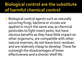  Biological control agents such as naturally
occurring fungi, bacteria or viruses are
applied in much the same way as chemical
pesticides to fight insect pests, but have
obvious benefits as they have little impact on
other organisms, are compatible with other
natural enemies, do not leave toxic residues
and are relatively cheap to develop.These far
outweigh the disadvantages of lower
effectiveness and a shorter shelf life.
 