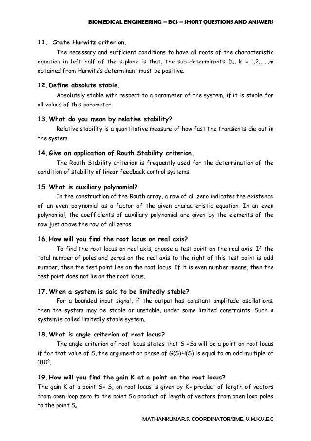 Biological Control Systems Short Questions and Answers Mathankum…