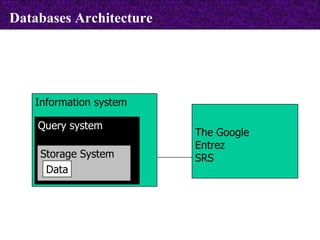 Information system  Query system  Storage System Data Databases Architecture The Google Entrez SRS 