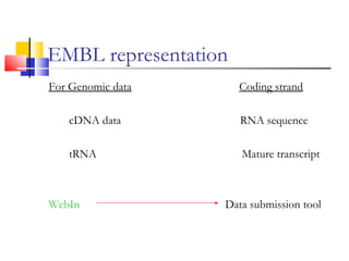 EMBL representation
For Genomic data Coding strand
cDNA data RNA sequence
tRNA Mature transcript
WebIn Data submission tool
 