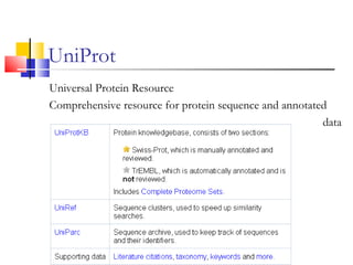 UniProt
Universal Protein Resource
Comprehensive resource for protein sequence and annotated
data
 
