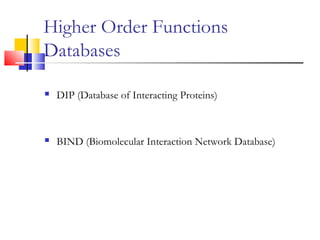 Higher Order Functions
Databases
 DIP (Database of Interacting Proteins)
 BIND (Biomolecular Interaction Network Database)
 