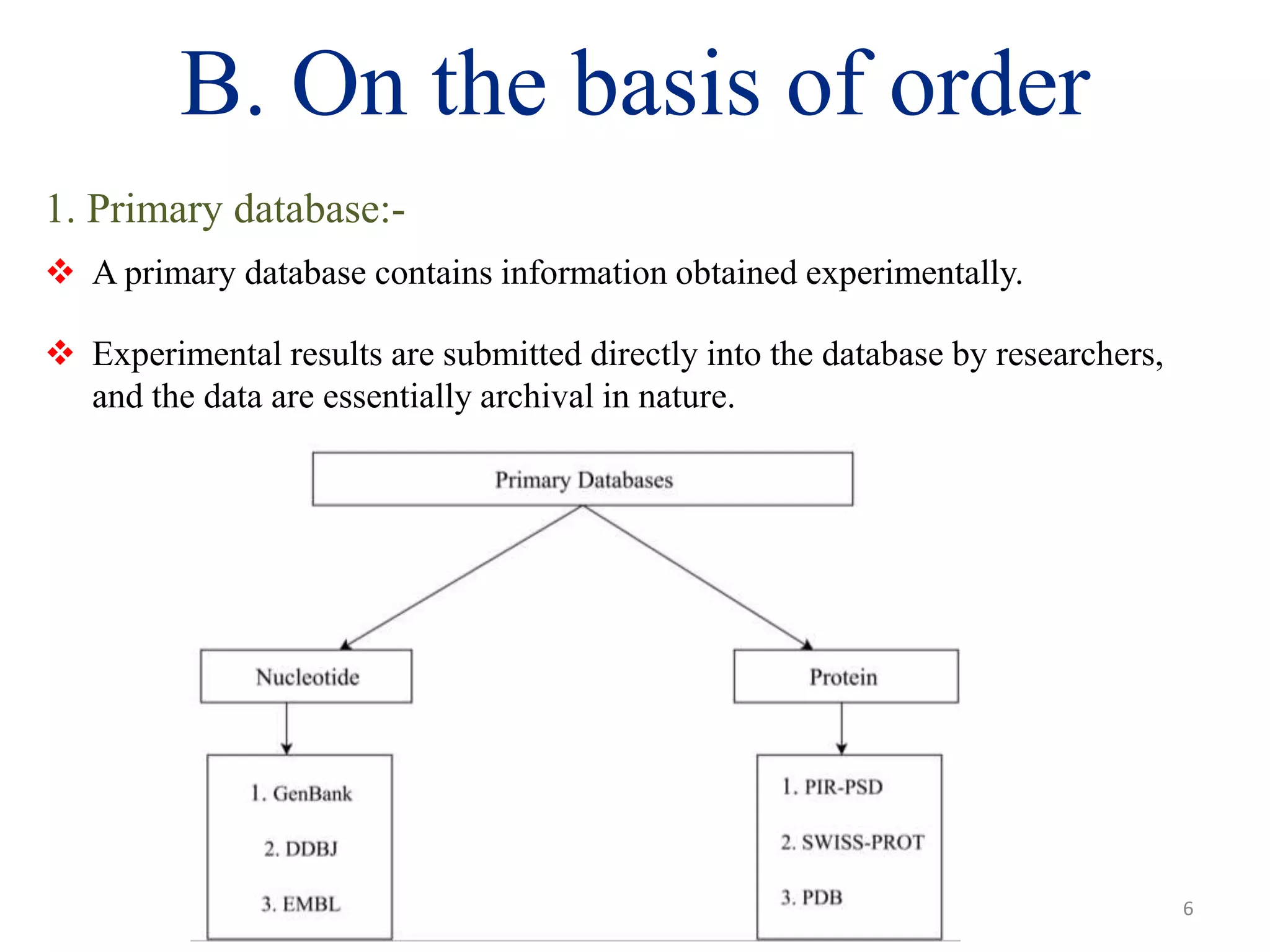 B. On the basis of order
1. Primary database:-
 A primary database contains information obtained experimentally.
 Experimental results are submitted directly into the database by researchers,
and the data are essentially archival in nature.
6
 