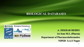 BIOLOGICAL DATABASES
A. SEKHAR REDDY
1st Sem M.S. (Pharm)
Department of Pharmacoinformatics
NIPER S.A.S Nagar
1
 
