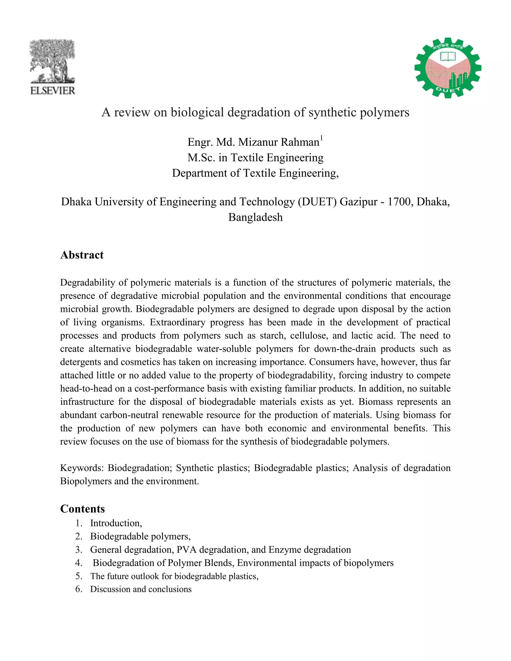 Biological degradation of synthetic polymer | PDF