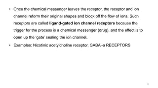 • Once the chemical messenger leaves the receptor, the receptor and ion
channel reform their original shapes and block off the flow of ions. Such
receptors are called ligand-gated ion channel receptors because the
trigger for the process is a chemical messenger (drug), and the effect is to
open up the ‘gate’ sealing the ion channel.
• Examples: Nicotinic acetylcholine receptor, GABA -a RECEPTORS
11
 