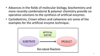 • Advances in the fields of molecular biology, biochemistry and
more recently combinatorial & polymer chemistry provide co-
operative solutions to the synthesis of artificial enzymes.
• Cyclodextrins, Crown ethers and calixarene are some of the
examples for the artificial enzyme technique.
34
 