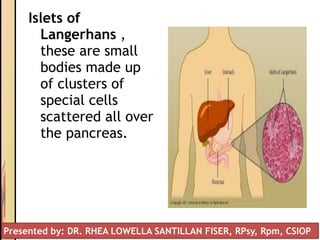 Islets of
Langerhans ,
these are small
bodies made up
of clusters of
special cells
scattered all over
the pancreas.
Presented by: DR. RHEA LOWELLA SANTILLAN FISER, RPsy, Rpm, CSIOP
 