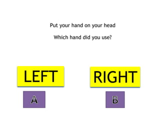 Put your hand on your head 
 
Which hand did you use?
LEFT RIGHT
 