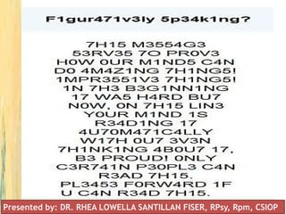 Presented by: DR. RHEA LOWELLA SANTILLAN FISER, RPsy, Rpm, CSIOP
 