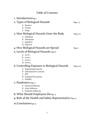 Table of Contents
1. IntroductionPage 1
2. Types of Biological Hazards                      Page 2-3
       A. Bacteria
       B. Viruses
       C. Fungi
3. How Biological Hazards Enter the Body            Page 4-6
       A.   Inhalation
       B.   Absorption
       C.   Ingestion
       D.   Injection
4. How Biological Hazards are Spread                Page 7

5. Levels of Biological Hazards Page 8
       A.   Level 1
       B.   Level 2
       C.   Level 3
       D.   Level 4
6. Controlling Exposure to Biological Hazards       Page 9-10
       A.   Engineering Controls
       B.   Administrative Controls
       C.   PPE
       D.   Standard Precautions
       E.   WHMIS
7. Pandemics Page 11
       A. Seasonal Influenza
       B. Arian Influenza
       C. Pandemic Influenza
8. What Should Employees DoPage 13
9. Role of the Health and Safety Representative Page 14
10.ConclusionPage 15


                                      1
 