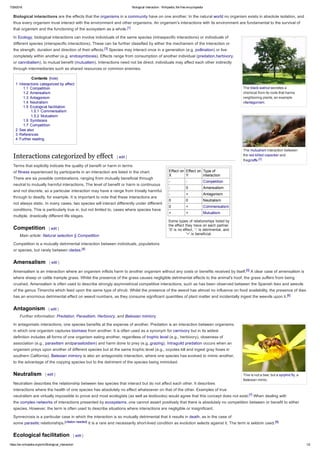 7/29/2016 Biological interaction ­ Wikipedia, the free encyclopedia
https://en.wikipedia.org/wiki/Biological_interaction 1/2
The black walnut secretes a
chemical from its roots that harms
neighboring plants, an example
ofantagonism.
The mutualism interaction between
the red­billed oxpecker and
thegiraffe.[2]
Effect on
X
Effect on
Y
Type of
interaction
­ ­ Competition
­ 0 Amensalism
­ + Antagonism
0 0 Neutralism
0 + Commensalism
+ + Mutualism
Some types of relationships listed by
the effect they have on each partner.
'0' is no effect, '­' is detrimental, and
'+' is beneficial.
This is not a bee, but a syrphid fly, a
Batesian mimic.
Biological interactions are the effects that the organisms in a community have on one another. In the natural world no organism exists in absolute isolation, and
thus every organism must interact with the environment and other organisms. An organism's interactions with its environment are fundamental to the survival of
that organism and the functioning of the ecosystem as a whole.[1]
In Ecology, biological interactions can involve individuals of the same species (intraspecific interactions) or individuals of
different species (interspecific interactions). These can be further classified by either the mechanism of the interaction or
the strength, duration and direction of their effects.[3] Species may interact once in a generation (e.g. pollination) or live
completely within another (e.g. endosymbiosis). Effects range from consumption of another individual (predation,herbivory,
or cannibalism), to mutual benefit (mutualism). Interactions need not be direct; individuals may affect each other indirectly
through intermediaries such as shared resources or common enemies.
Contents  [hide] 
1 Interactions categorized by effect
1.1 Competition
1.2 Amensalism
1.3 Antagonism
1.4 Neutralism
1.5 Ecological facilitation
1.5.1 Commensalism
1.5.2 Mutualism
1.6 Symbiosis
1.7 Competition
2 See also
3 References
4 Further reading
Interactions categorized by effect [ edit ]
Terms that explicitly indicate the quality of benefit or harm in terms
of fitness experienced by participants in an interaction are listed in the chart.
There are six possible combinations, ranging from mutually beneficial through
neutral to mutually harmful interactions. The level of benefit or harm is continuous
and not discrete, so a particular interaction may have a range from trivially harmful
through to deadly, for example. It is important to note that these interactions are
not always static. In many cases, two species will interact differently under different
conditions. This is particularly true in, but not limited to, cases where species have
multiple, drastically different life stages.
Competition [ edit ]
Main article: Natural selection § Competition
Competition is a mutually detrimental interaction between individuals, populations
or species, but rarely between clades.[4]
Amensalism [ edit ]
Amensalism is an interaction where an organism inflicts harm to another organism without any costs or benefits received by itself.[5] A clear case of amensalism is
where sheep or cattle trample grass. Whilst the presence of the grass causes negligible detrimental effects to the animal's hoof, the grass suffers from being
crushed. Amensalism is often used to describe strongly asymmetrical competitive interactions, such as has been observed between the Spanish ibex and weevils
of the genus Timarcha which feed upon the same type of shrub. Whilst the presence of the weevil has almost no influence on food availability, the presence of ibex
has an enormous detrimental effect on weevil numbers, as they consume significant quantities of plant matter and incidentally ingest the weevils upon it.[6]
Antagonism [ edit ]
Further information: Predation, Parasitism, Herbivory, and Batesian mimicry
In antagonistic interactions, one species benefits at the expense of another. Predation is an interaction between organisms
in which one organism captures biomass from another. It is often used as a synonym for carnivory but in its widest
definition includes all forms of one organism eating another, regardless of trophic level (e.g., herbivory), closeness of
association (e.g., parasitism andparasitoidism) and harm done to prey (e.g.,grazing). Intraguild predation occurs when an
organism preys upon another of different species but at the same trophic level (e.g., coyotes kill and ingest gray foxes in
southern California). Batesian mimicry is also an antagonistic interaction, where one species has evolved to mimic another,
to the advantage of the copying species but to the detriment of the species being mimicked.
Neutralism [ edit ]
Neutralism describes the relationship between two species that interact but do not affect each other. It describes
interactions where the health of one species has absolutely no effect whatsoever on that of the other. Examples of true
neutralism are virtually impossible to prove and most ecologists (as well as textbooks) would agree that this concept does not exist.[7] When dealing with
the complex networks of interactions presented by ecosystems, one cannot assert positively that there is absolutely no competition between or benefit to either
species. However, the term is often used to describe situations where interactions are negligible or insignificant.
Synnecrosis is a particular case in which the interaction is so mutually detrimental that it results in death, as in the case of
some parasitic relationships.[citation needed] It is a rare and necessarily short­lived condition as evolution selects against it. The term is seldom used.[8]
Ecological facilitation [ edit ]
 