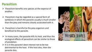  Parasitism benefits one species at the expense of
another.
 Parasitism may be regarded as a special form of
symbiosis in which the parasite usually is much smaller
than the prey and remains closely associated with it.
 Parasitism is harmful to the prey organism and
beneficial to the parasite.
 In many cases, the parasite kills its host, and thus the
ecological effects of parasitism can be similar to those
of predation.
 It is in the parasite’s best interest not to be too
detrimental to the host. If the host dies, then the
parasite dies.
 