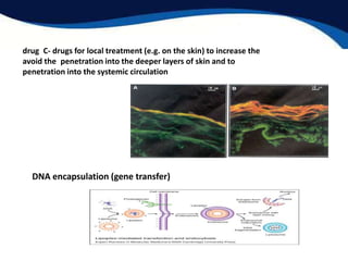 C- drugs for local treatment (e.g. on the skin) to increase thedrug
penetration into the deeper layers of skin and toavoid the
penetration into the systemic circulation
DNA encapsulation (gene transfer)
 