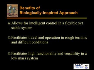 Benefits of 
Biologically-Inspired Approach 
Allows for intelligent control in a flexible yet 
stable system 
Facilitates travel and operation in rough terrains 
and difficult conditions 
Facilitates high functionality and versatility in a 
low mass system 
Dr. Ron Jacobs 
 