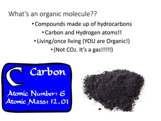 What’s an organic molecule??
•Compounds made up of hydrocarbons
•Carbon and Hydrogen atoms!!
•Living/once living (YOU are Organic!)
•(Not CO2. It’s a gas!!!!!)
 