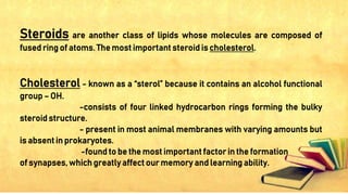 Steroids are another class of lipids whose molecules are composed of
fused ring of atoms. The most important steroid is cholesterol.
Cholesterol - known as a “sterol” because it contains an alcohol functional
group – OH.
-consists of four linked hydrocarbon rings forming the bulky
steroid structure.
- present in most animal membranes with varying amounts but
is absent in prokaryotes.
-found to be the most important factor in the formation
of synapses, which greatly affect our memory and learning ability.
 