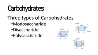 Carbohydrates
Three types of Carbohydrates
•Monosaccharide
•Disaccharide
•Polysaccharide
 