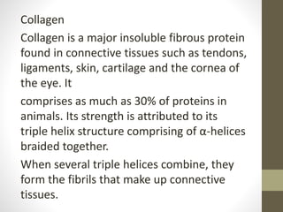 Collagen
Collagen is a major insoluble fibrous protein
found in connective tissues such as tendons,
ligaments, skin, cartilage and the cornea of
the eye. It
comprises as much as 30% of proteins in
animals. Its strength is attributed to its
triple helix structure comprising of α-helices
braided together.
When several triple helices combine, they
form the fibrils that make up connective
tissues.
 