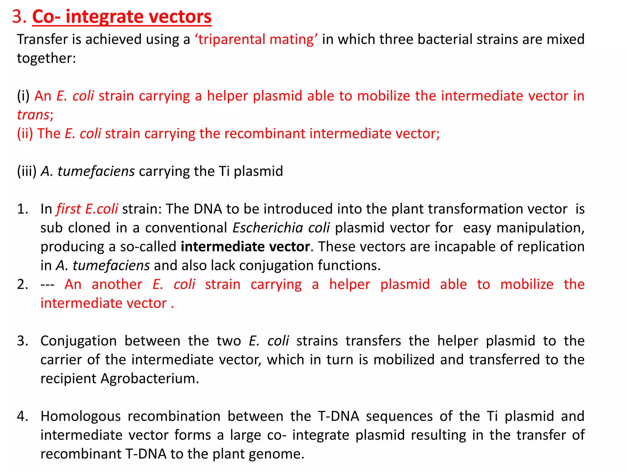 3. Co- integrate vectors
Transfer is achieved using a ‘triparental mating’ in which three bacterial strains are mixed
together:
(i) An E. coli strain carrying a helper plasmid able to mobilize the intermediate vector in
trans;
(ii) The E. coli strain carrying the recombinant intermediate vector;
(iii) A. tumefaciens carrying the Ti plasmid
1. In first E.coli strain: The DNA to be introduced into the plant transformation vector is
sub cloned in a conventional Escherichia coli plasmid vector for easy manipulation,
producing a so-called intermediate vector. These vectors are incapable of replication
in A. tumefaciens and also lack conjugation functions.
2. --- An another E. coli strain carrying a helper plasmid able to mobilize the
intermediate vector .
3. Conjugation between the two E. coli strains transfers the helper plasmid to the
carrier of the intermediate vector, which in turn is mobilized and transferred to the
recipient Agrobacterium.
4. Homologous recombination between the T-DNA sequences of the Ti plasmid and
intermediate vector forms a large co- integrate plasmid resulting in the transfer of
recombinant T-DNA to the plant genome.
 