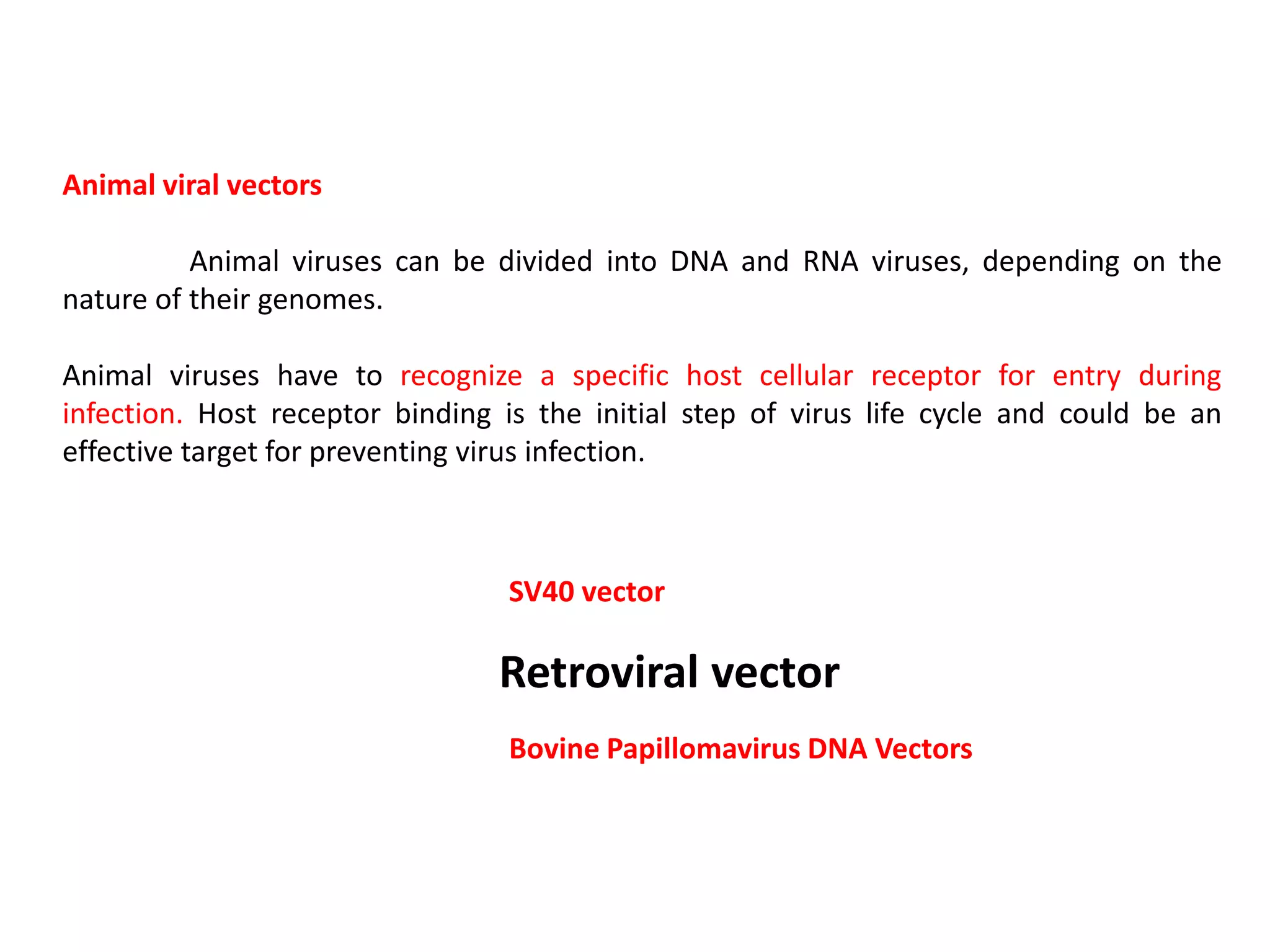Animal viral vectors
Animal viruses can be divided into DNA and RNA viruses, depending on the
nature of their genomes.
Animal viruses have to recognize a specific host cellular receptor for entry during
infection. Host receptor binding is the initial step of virus life cycle and could be an
effective target for preventing virus infection.
SV40 vector
Retroviral vector
Bovine Papillomavirus DNA Vectors
 