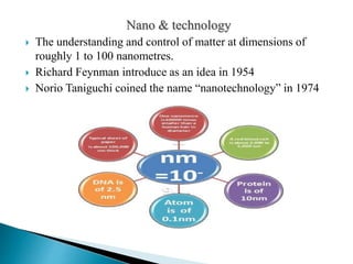 Nano & technology
 The understanding and control of matter at dimensions of
roughly 1 to 100 nanometres.
 Richard Feynman introduce as an idea in 1954
 Norio Taniguchi coined the name “nanotechnology” in 1974
 