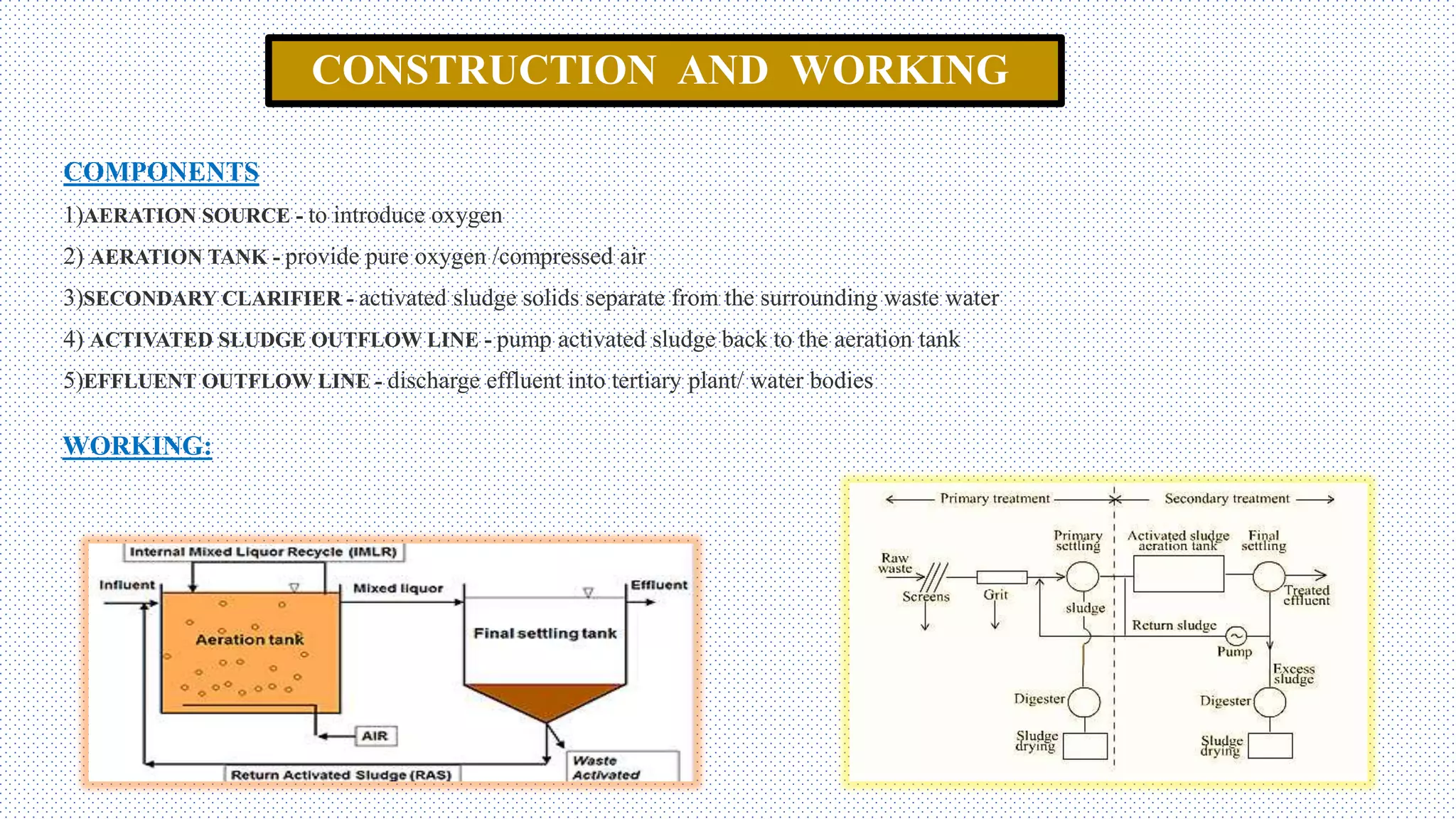 CONSTRUCTION AND WORKING
COMPONENTS
1)AERATION SOURCE - to introduce oxygen
2) AERATION TANK - provide pure oxygen /compressed air
3)SECONDARY CLARIFIER - activated sludge solids separate from the surrounding waste water
4) ACTIVATED SLUDGE OUTFLOW LINE - pump activated sludge back to the aeration tank
5)EFFLUENT OUTFLOW LINE - discharge effluent into tertiary plant/ water bodies
WORKING:
 
