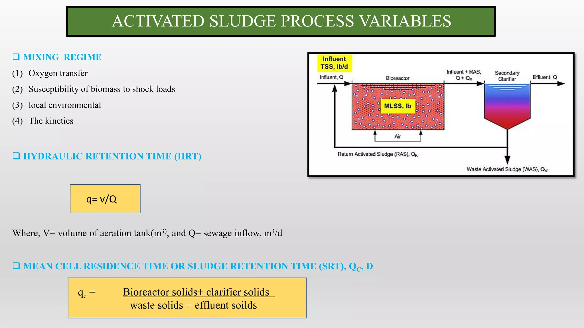 ACTIVATED SLUDGE PROCESS VARIABLES
 MIXING REGIME
(1) Oxygen transfer
(2) Susceptibility of biomass to shock loads
(3) local environmental
(4) The kinetics
 HYDRAULIC RETENTION TIME (HRT)
Where, V= volume of aeration tank(m3), and Q= sewage inflow, m3/d
 MEAN CELL RESIDENCE TIME OR SLUDGE RETENTION TIME (SRT), QC, D
q= v/Q
qc = Bioreactor solids+ clarifier solids
waste solids + effluent soilds
 