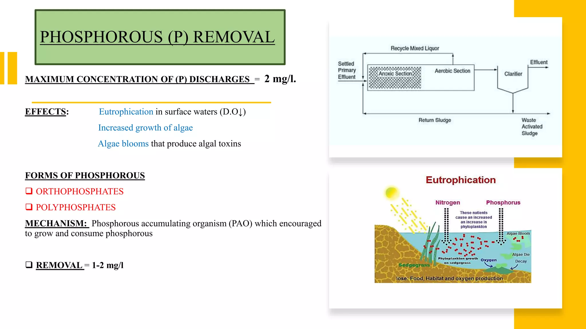 PHOSPHOROUS (P) REMOVAL
MAXIMUM CONCENTRATION OF (P) DISCHARGES = 2 mg/l.
EFFECTS: Eutrophication in surface waters (D.O↓)
Increased growth of algae
Algae blooms that produce algal toxins
FORMS OF PHOSPHOROUS
 ORTHOPHOSPHATES
 POLYPHOSPHATES
MECHANISM: Phosphorous accumulating organism (PAO) which encouraged
to grow and consume phosphorous
 REMOVAL = 1-2 mg/l
 