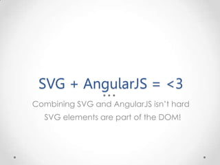 SVG + AngularJS = <3
Combining SVG and AngularJS isn’t hard
SVG elements are part of the DOM!
 