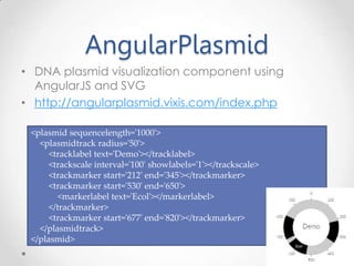 AngularPlasmid
• DNA plasmid visualization component using
AngularJS and SVG
• http://angularplasmid.vixis.com/index.php
<plasmid sequencelength='1000'>
<plasmidtrack radius='50'>
<tracklabel text='Demo'></tracklabel>
<trackscale interval='100' showlabels='1'></trackscale>
<trackmarker start='212' end='345'></trackmarker>
<trackmarker start='530' end='650'>
<markerlabel text='Ecol'></markerlabel>
</trackmarker>
<trackmarker start='677' end='820'></trackmarker>
</plasmidtrack>
</plasmid>
 
