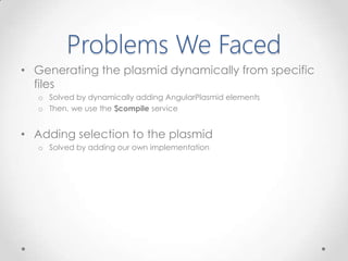 Problems We Faced
• Generating the plasmid dynamically from specific
files
o Solved by dynamically adding AngularPlasmid elements
o Then, we use the $compile service
• Adding selection to the plasmid
o Solved by adding our own implementation
 