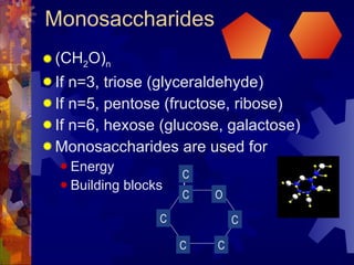 Monosaccharides (CH 2 O) n If n=3, triose (glyceraldehyde) If n=5, pentose (fructose, ribose) If n=6, hexose (glucose, galactose) Monosaccharides are used for Energy Building blocks O C C C C C C 