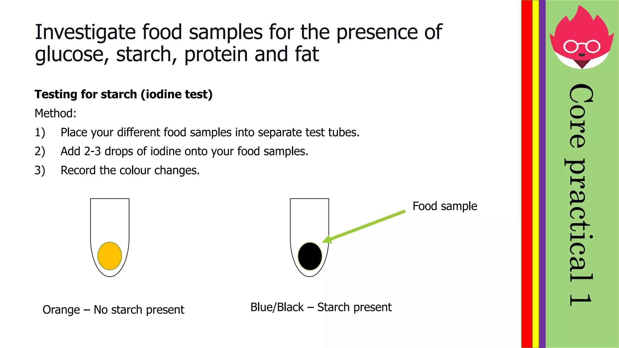 Investigate food samples for the presence of
glucose, starch, protein and fat
Testing for starch (iodine test)
Method:
1) Place your different food samples into separate test tubes.
2) Add 2-3 drops of iodine onto your food samples.
3) Record the colour changes.
Corepractical1
Orange – No starch present Blue/Black – Starch present
Food sample
 