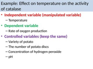 Example: Effect on temperature on the activity
of catalase
• Independent variable (manipulated variable)
– Temperature
• Dependent variable
– Rate of oxygen production
• Controlled variables (keep the same)
– Variety of potato
– The number of potato discs
– Concentration of hydrogen peroxide
– pH
 