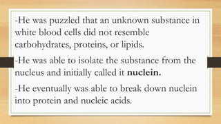 -He was puzzled that an unknown substance in
white blood cells did not resemble
carbohydrates, proteins, or lipids.
-He was able to isolate the substance from the
nucleus and initially called it nuclein.
-He eventually was able to break down nuclein
into protein and nucleic acids.
 