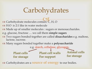  Carbohydrate molecules contain: C, H, O
 H:O is 2:1 like in water molecule
 Made up of smaller molecules : sugars or monosaccharides.
e.g. glucose, fructose … we call them simple sugars
 Two sugars bonded together are called disaccharides e.g. maltose,
lactose, sucrose.
 Many sugars bonded together make a polysaccharide
e.g. starch, cellulose, glycogen.
 Carbohydrates are a source of energy to our bodies.
Carbohydrates
Plant cells
for storage
Plant cell walls
For support
Animal cells
for storage
 