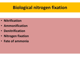 Biological nitrogen fixation
• Nitrification
• Ammonification
• Denitrification
• Nitrogen fixation
• Fate of ammonia
 
