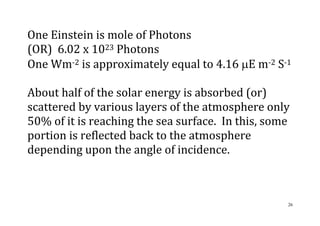 26
One Einstein is mole of Photons
(OR) 6.02 x 1023 Photons
One Wm-2 is approximately equal to 4.16 E m-2 S-1
About half of the solar energy is absorbed (or)
scattered by various layers of the atmosphere only
50% of it is reaching the sea surface. In this, some
portion is reflected back to the atmosphere
depending upon the angle of incidence.
 