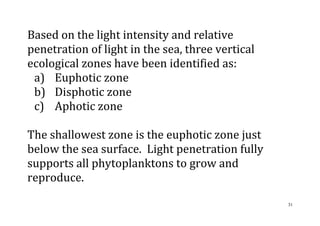 31
Based on the light intensity and relative
penetration of light in the sea, three vertical
ecological zones have been identified as:
a) Euphotic zone
b) Disphotic zone
c) Aphotic zone
The shallowest zone is the euphotic zone just
below the sea surface. Light penetration fully
supports all phytoplanktons to grow and
reproduce.
 