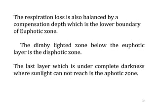 32
The respiration loss is also balanced by a
compensation depth which is the lower boundary
of Euphotic zone.
The dimby lighted zone below the euphotic
layer is the disphotic zone.
The last layer which is under complete darkness
where sunlight can not reach is the aphotic zone.
 