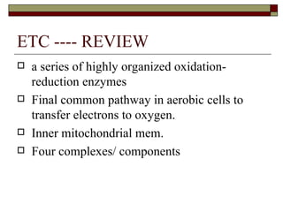 ETC ---- REVIEW a series of highly organized oxidation-reduction enzymes Final common pathway in aerobic cells to transfer electrons to oxygen. Inner mitochondrial mem. Four complexes/ components 