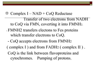 Complex I – NAD + CoQ Reductase Transfer of two electrons from NADH to CoQ via FMN, coverting it into FMNH 2. -  FMNH2 transfers electons to Fes proteins which transfer electrons to CoQ. - CoQ accepts electrons from FMNH 2  ( complex I ) and from FADH 2  ( complex II ) . CoQ is the link between flavoproteins and cytochromes.  Pumping of protons. 
