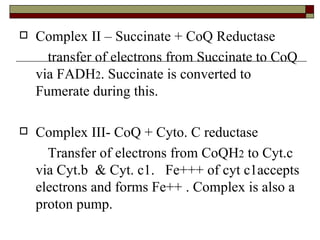 Complex II – Succinate + CoQ Reductase transfer of electrons from Succinate to CoQ via FADH 2 . Succinate is converted to Fumerate during this. Complex III- CoQ + Cyto. C reductase Transfer of electrons from CoQH 2  to Cyt.c via Cyt.b  & Cyt. c1.  Fe+++ of cyt c1accepts electrons and forms Fe++ . Complex is also a proton pump. 