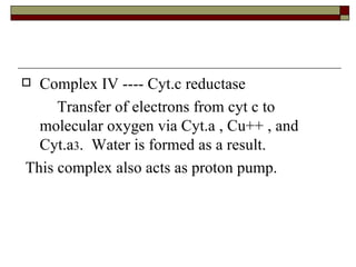 Complex IV ---- Cyt.c reductase Transfer of electrons from cyt c to molecular oxygen via Cyt.a , Cu++ , and Cyt.a 3 .  Water is formed as a result. This complex also acts as proton pump. 