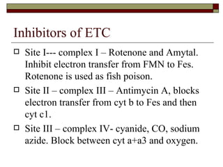 Inhibitors of ETC Site I--- complex I – Rotenone and Amytal. Inhibit electron transfer from FMN to Fes. Rotenone is used as fish poison. Site II – complex III – Antimycin A, blocks electron transfer from cyt b to Fes and then cyt c1. Site III – complex IV- cyanide, CO, sodium azide. Block between cyt a+a3 and oxygen. 